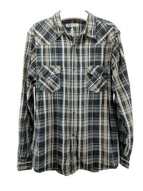 Reclaim Button Front Casual Snap Shirt Men's Size XL Black/Brown Plaid